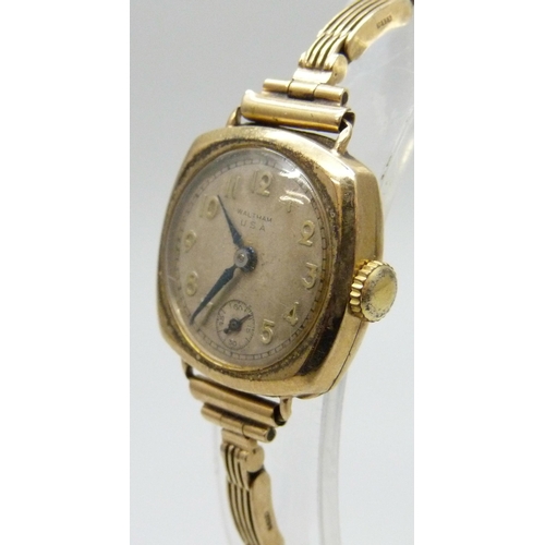 7237 - A lady's 9ct gold Waltham USA wristwatch on a 9ct gold strap, 22mm case, 16.7g total weight