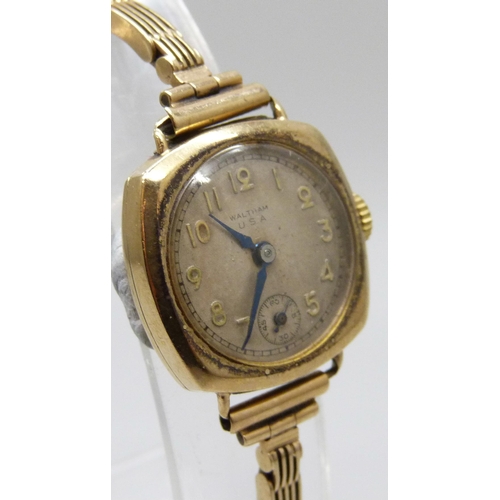 7237 - A lady's 9ct gold Waltham USA wristwatch on a 9ct gold strap, 22mm case, 16.7g total weight