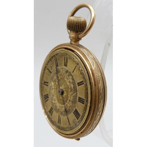 7238 - A 9ct gold cased fob watch, lacking bezel and glass, 28g total weight