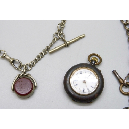 7241 - Two metal Albert chains together with a gun metal fob watch