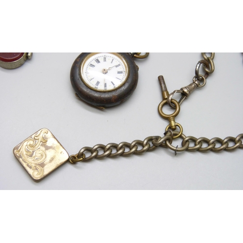 7241 - Two metal Albert chains together with a gun metal fob watch