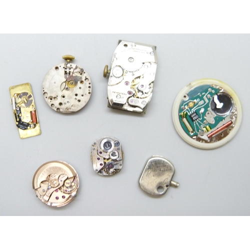 7247 - Six wristwatch movements to include two Omega, one Rolex (missing dial), one Gruen, one Raymond Weil... 