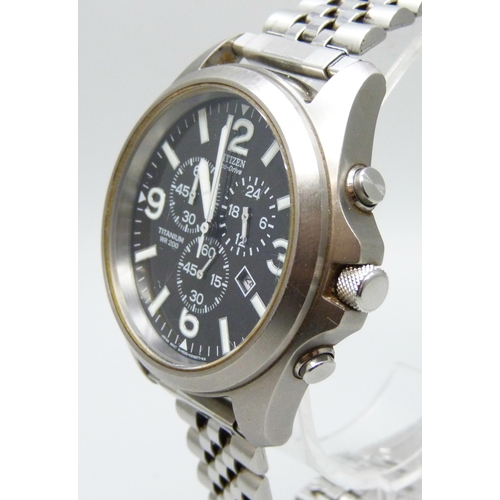 7249 - A Citizen Eco-Drive chronograph wristwatch with date aperture, titanium case, not original bracelet,... 