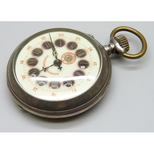 7250 - A .800 Continental silver pocket watch with engraved case and enamelled numerals, inner inscription,... 