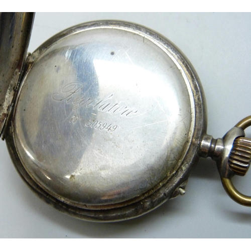 7250 - A .800 Continental silver pocket watch with engraved case and enamelled numerals, inner inscription,... 