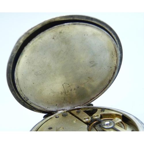 7250 - A .800 Continental silver pocket watch with engraved case and enamelled numerals, inner inscription,... 