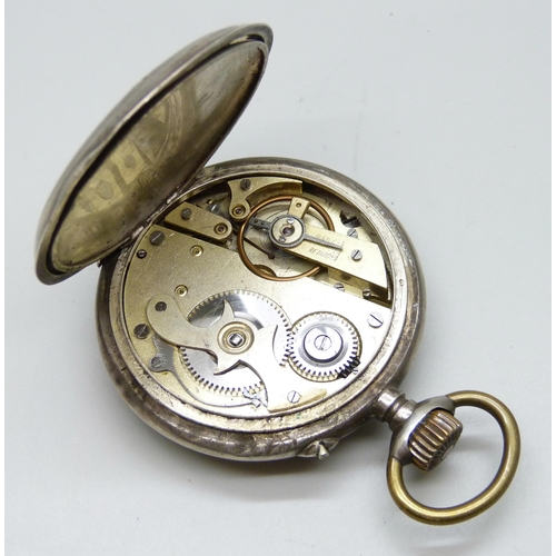 7250 - A .800 Continental silver pocket watch with engraved case and enamelled numerals, inner inscription,... 