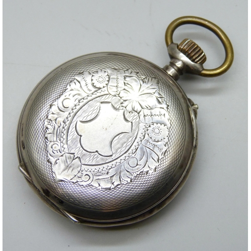 7250 - A .800 Continental silver pocket watch with engraved case and enamelled numerals, inner inscription,... 