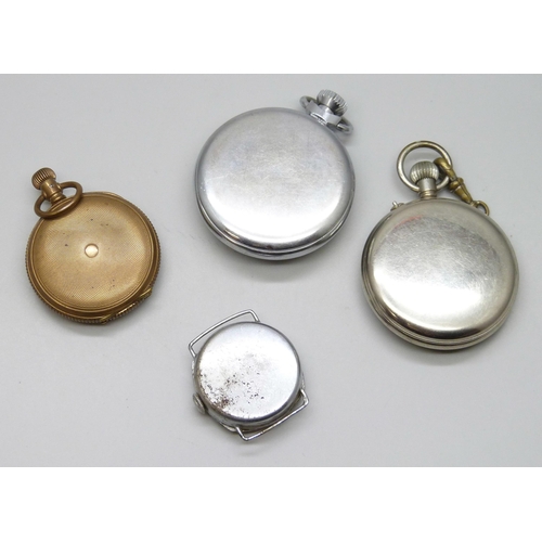 7252 - Two pocket watches, a fob watch, the dial marked N.Y. Standard Watch Co., and a wristwatch head