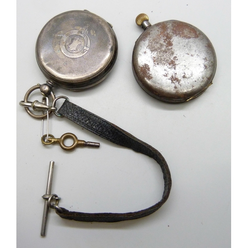 7254 - A .935 silver pocket watch, and a gun metal cased pocket watch (lacking glass)