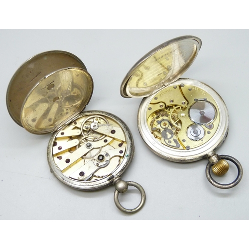 7255 - Two silver pocket watches and a silver cased wristwatch