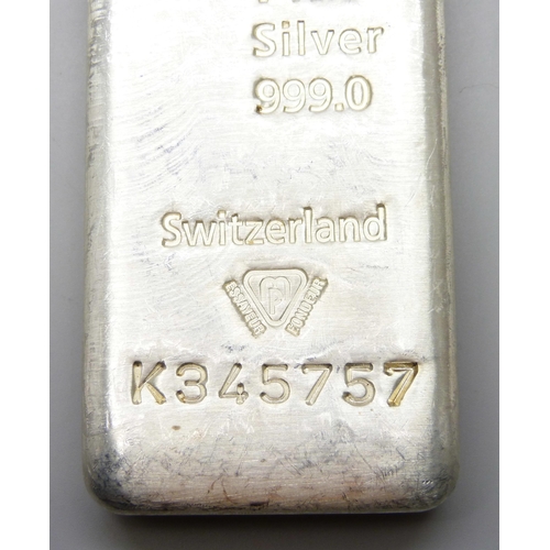 7262 - A Metalor 1 kilo 999.0 fine silver ingot bar, K345757