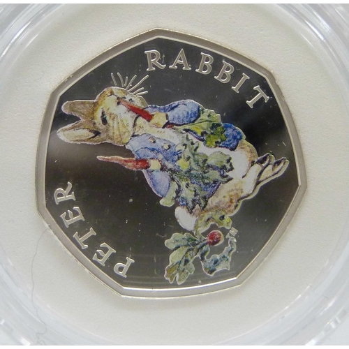 7282 - The Royal Mint Beatrix Potter and Her Little Tales Peter Rabbit 2018 coloured 50p silver proof coin ... 