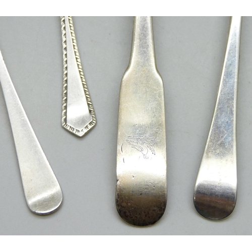 7295 - A collection of four silver spoons including Edward Sawyer, 1775, Birmingham, James Brady, 1825-1837... 