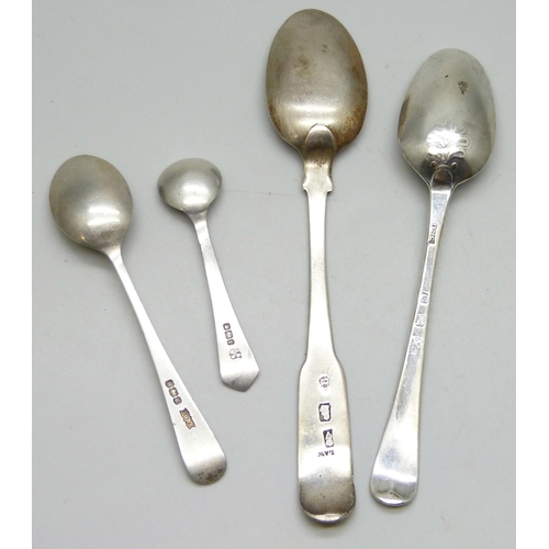 7295 - A collection of four silver spoons including Edward Sawyer, 1775, Birmingham, James Brady, 1825-1837... 