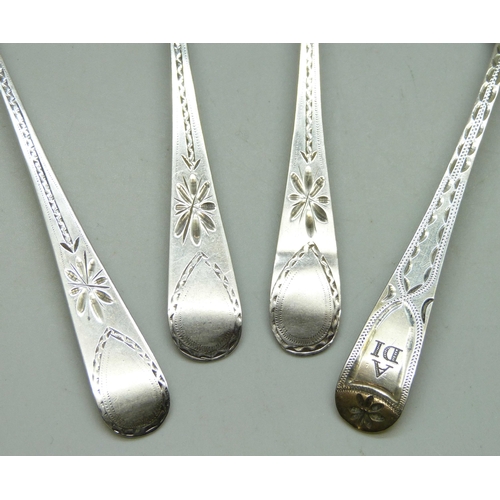 7296 - Three George III bright cut silver spoons, Richard Jenkins, Exeter, together with another George III... 