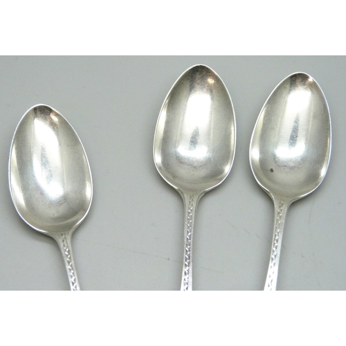 7296 - Three George III bright cut silver spoons, Richard Jenkins, Exeter, together with another George III... 