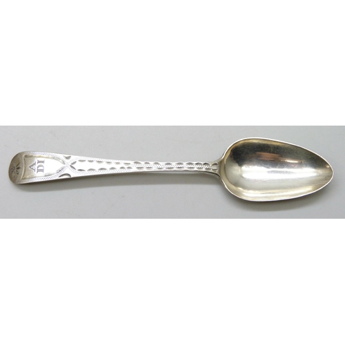 7296 - Three George III bright cut silver spoons, Richard Jenkins, Exeter, together with another George III... 