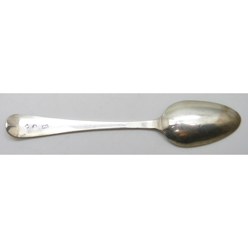 7296 - Three George III bright cut silver spoons, Richard Jenkins, Exeter, together with another George III... 