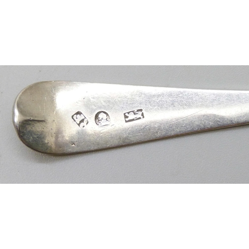 7296 - Three George III bright cut silver spoons, Richard Jenkins, Exeter, together with another George III... 