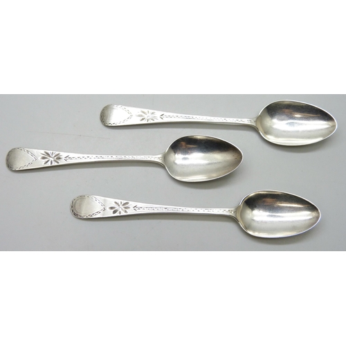 7296 - Three George III bright cut silver spoons, Richard Jenkins, Exeter, together with another George III... 