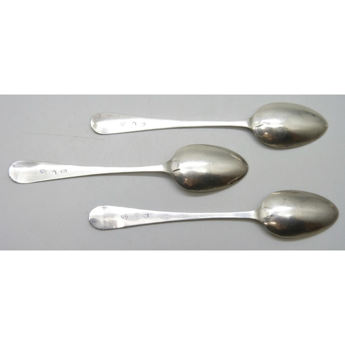 7296 - Three George III bright cut silver spoons, Richard Jenkins, Exeter, together with another George III... 