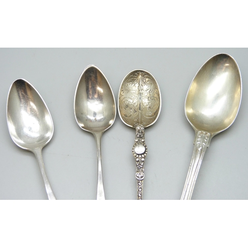 7301 - A collection of four London silver spoons - Mary Chawner 1834, James Wakely and Frank Clarke Wheeler... 