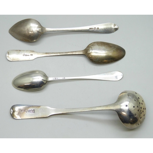 7303 - A collection of George III Edinburgh silver - William & Patrick Cunningham tea strainer, three silve... 