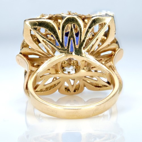 7022 - An 18ct gold 3.3ct sapphire and 0.8ct diamond ring with black enamel border, 10.5g, 1.9cm, O