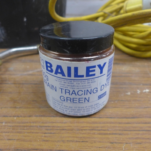 5010 - A bucket of Bailey Drain tracing dye, 13 pots in total and blow torch attachment, Rothenburger Sure ... 