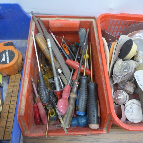 5056 - A large quantity of assorted hand tools and other items including files, rules, tape measures, drill... 