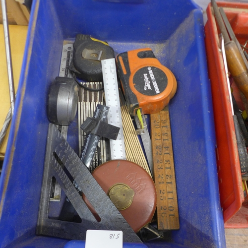 5056 - A large quantity of assorted hand tools and other items including files, rules, tape measures, drill... 