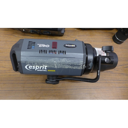 5067 - An Esprit digital 500DX studio flash head, an Esprit 500 flash head and 3 assorted camera lenses