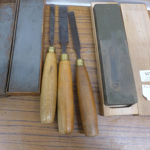 5079 - Three I. Sorby chisels and 2 oil stones