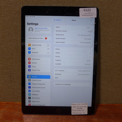 6123 - Apple Ipad 8th Generation 32gb, cracked screen (model:MYL92B/A)  *This lot is subject to VAT