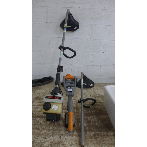 5143 - A Ryobi petrol strimmer, a strimmer attachment  and a Terratec electric strimmer