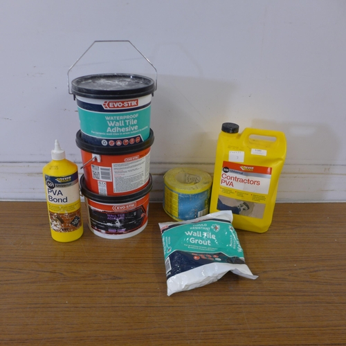 5180 - 3 tubs of Evo-stick tile adhesive, a bag of grout, 2 bottles of PVA and a roll of sandpaper