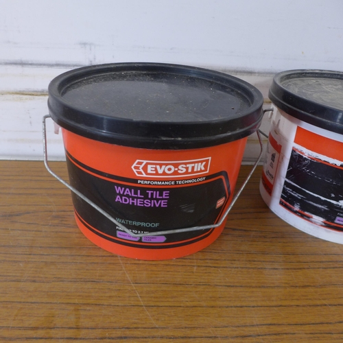 5180 - 3 tubs of Evo-stick tile adhesive, a bag of grout, 2 bottles of PVA and a roll of sandpaper