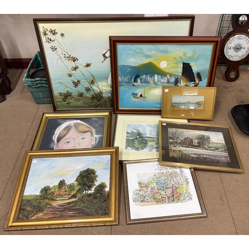 482 - Assorted oil on canvas paintings and watercolours, including; Rowland Wilder, farmhouse by a lake