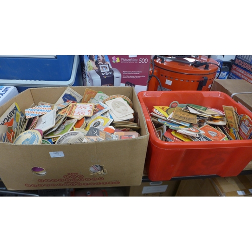 5303 - Two boxes of assorted vintage cardboard beer mats including Sabre Lager, Burton Ale, Tiger Special B... 