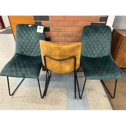 3006 - A set of six harlequin green/mustard velvet dining chairs  *This lot is subject to VAT