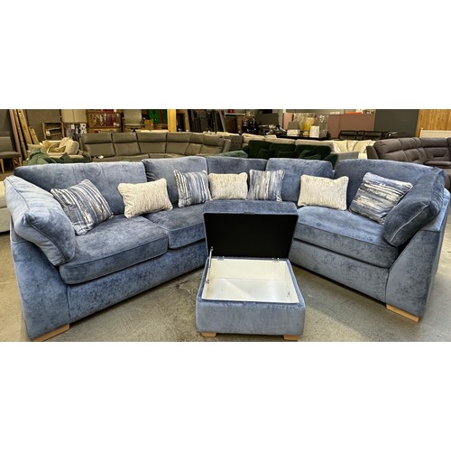 3280 - A blue pile velvet upholstered corner sofa and storage footstool