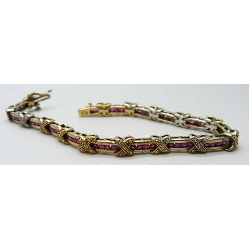 7010 - A silver gilt ruby and diamond bracelet, 7.5 inch, with certificate, some plating rubbed