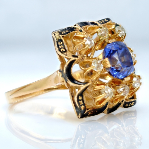 7019 - An 18ct gold 3.3ct sapphire and 0.8ct diamond ring with black enamel border, 10.5g, 1.9cm, O