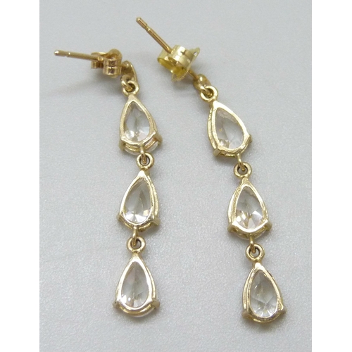 7035 - A pair of 9k gold white stone drop earrings, unmatched butterflies, 1.4g, 2.5cm