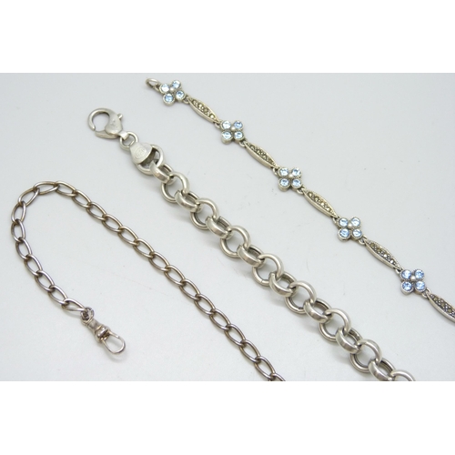 7078 - Two silver bracelets, 22g, together with a metal Albert chain