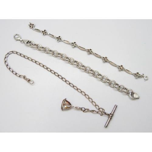 7078 - Two silver bracelets, 22g, together with a metal Albert chain