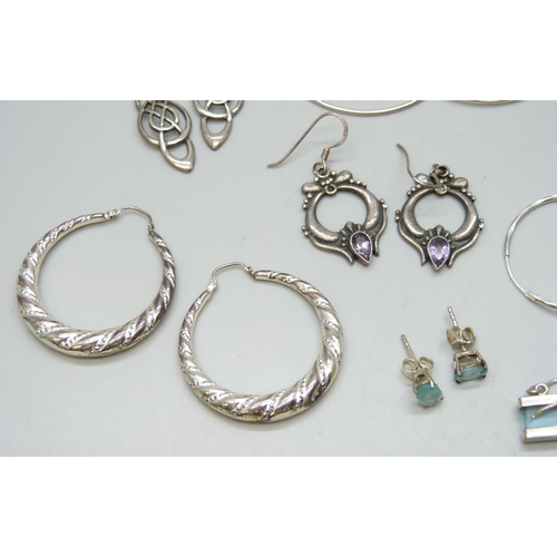 7089 - Seven pairs of silver earrings, 23g, together with three unmarked pairs of white metal earrings