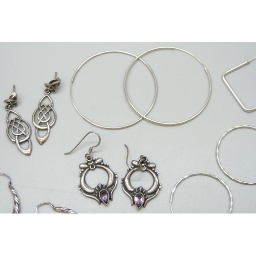 7089 - Seven pairs of silver earrings, 23g, together with three unmarked pairs of white metal earrings