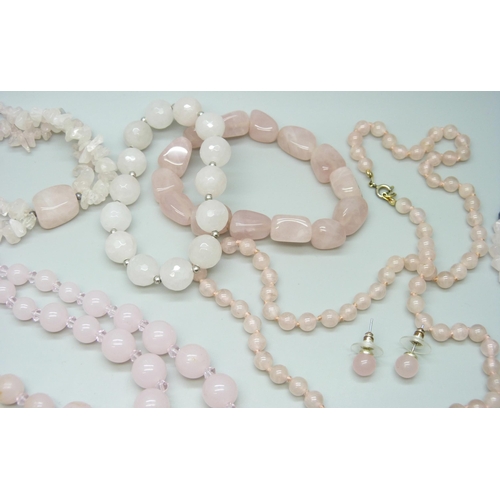 7115 - A collection of rose quartz jewellery - necklaces and bracelets, and a pair of glass drop earrings